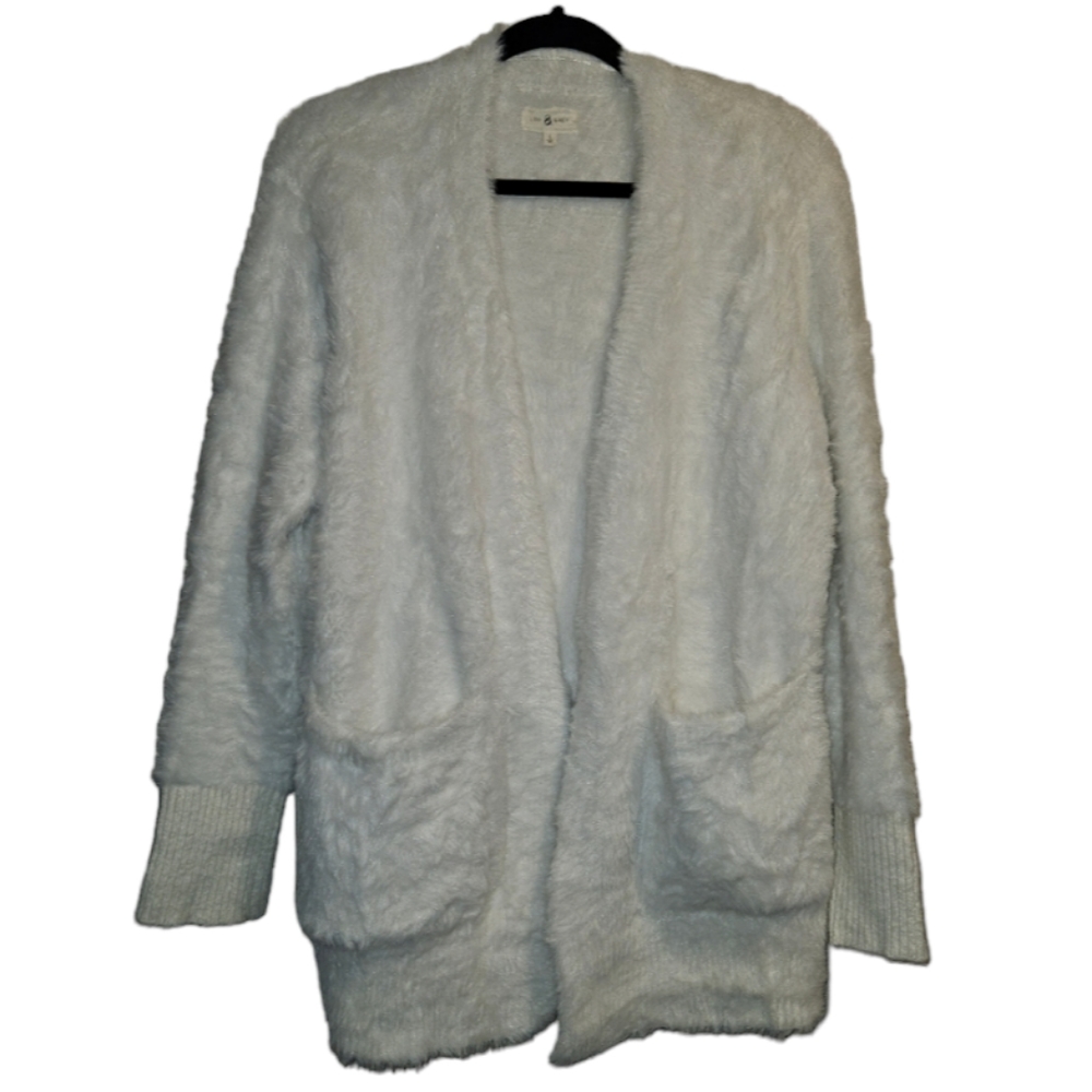 Lou & Grey Cozy Cardigan Sweater Open Front Pockets Fuzzy Eyelash Faux Fur